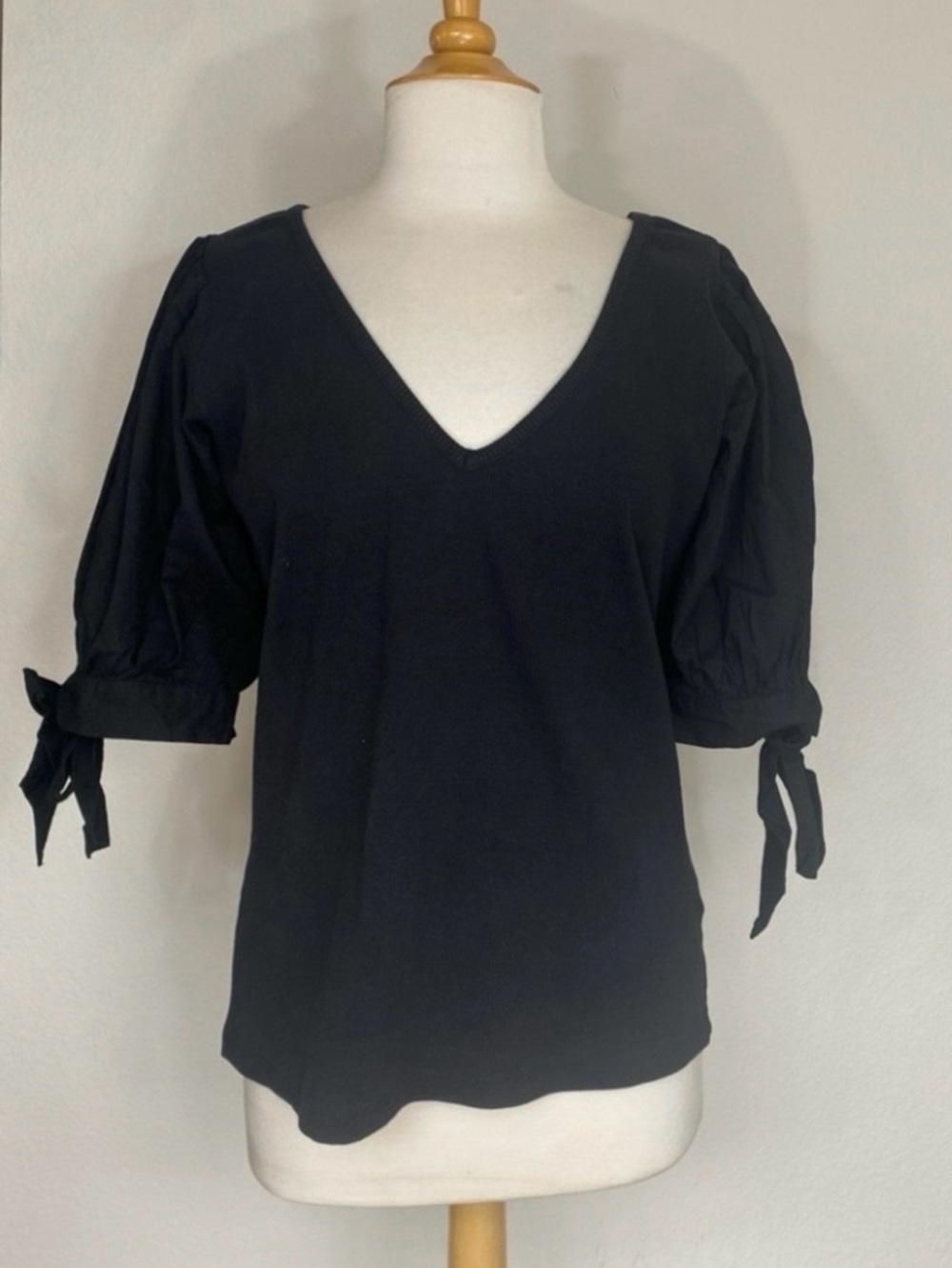 Anthropologie Maeve Womens Black Ribbed Tie Puff Sleeve Top XL Cottagecore Girly
